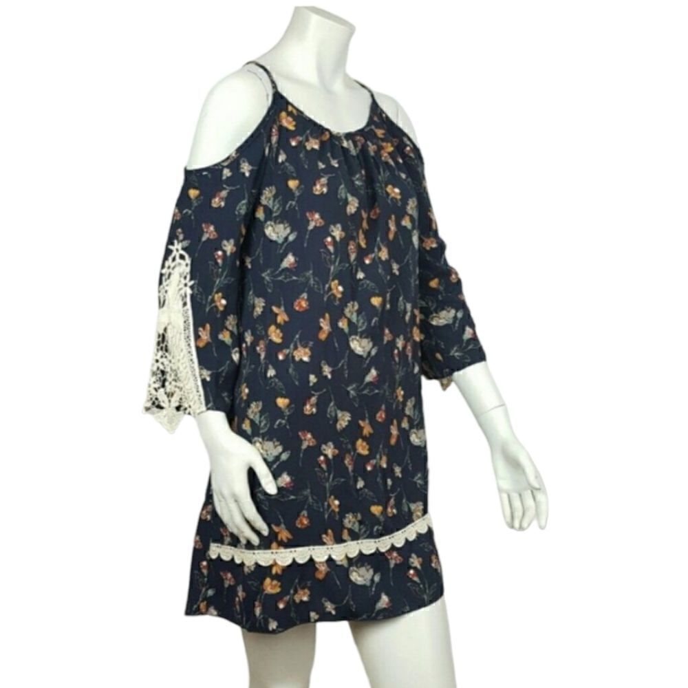 JANUARY 7 Women's Shirt Dress Boho‎ Cold Shoulder Color Blue Flower Print   M